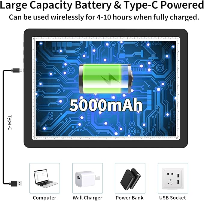TOHETO Rechargeable A3 Light Board with Stand, Super Bright Magnetic Light Pad with Side Buttons, Wireless Light Box for Tracing and Drawing, Cordless LED Light Table for Diamond Painting, Sketching