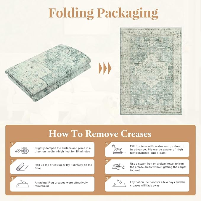 LIVEBOX Washable Area Rug 10x14 Rugs for Living Room Bedroom, Non-Slip Boho Indoor Carpet for Dining Room Office, Low-Pile Farmhouse Soft Carpets for Kids Nursery Playroom, Sage Green