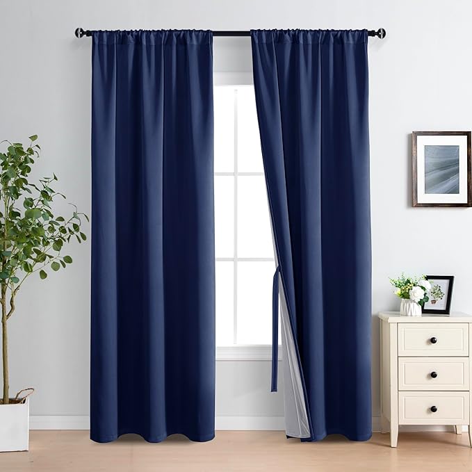XWZO Full Shading Blackout Curtains 84 Inches Length with Tiebacks- Heat and Light Blocking Rod Pocket Window Drapes with Black Liner Backing for Bedroom/Kid's Room, Navy Blue, W42 x L84, Set of 2