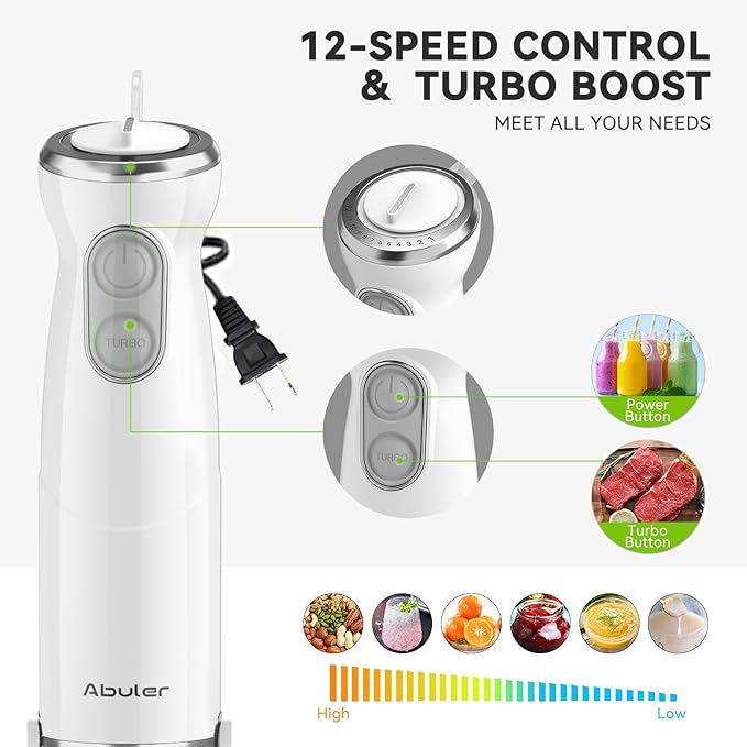 Immersion Blender Handheld 5 in 1 Hand Blender, 1000W Hand Mixer Stick, BPA-Free 12 Speed Handheld Blender with Mixing Beaker, Chopper, Whisk and Milk Frother for Soup, Sauce, Baby Food (White)