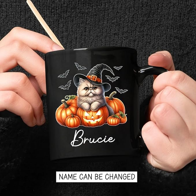 Personalized Persian Wearing Witch Hat Black Cup with Name, Customized Halloween Persian Coffee Mugs, Spooky Cat and Pumpkins Ceramic Cup 11oz 15oz, Halloween Mug Gift for Cat Lover Pet Owner