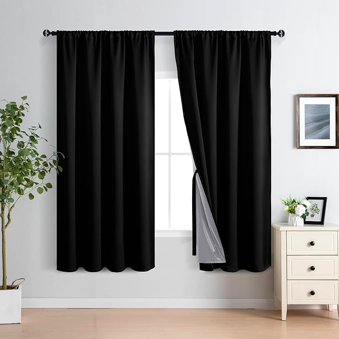 XWZO 100% Blackout Window Curtains - Rod Pocket Thermal Insulated & Completely Room Darkening Black Liner Window Treatment with Tiebacks for Bedroom/Living Room, Black, W60 x L63, Set of 2 Panels