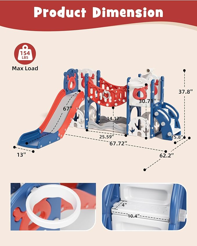 YUFU Toddler Slide Set, 11 in 1 Kids Slide for Toddlers 1-3, Toddler Playset with Climbing Bridge, Golf Set, Basketball Hoop, Indoor Outdoor Playground (Blue Red)