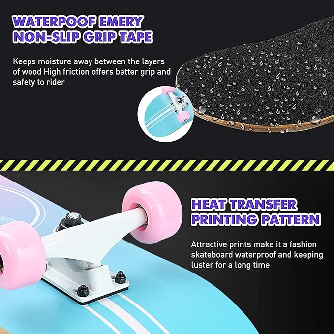 Skateboard,31 x 8 Inch Complete Skateboard, 8-Layer Maple Wood Deck Double Kick Standard Skateboards for Kids, Teens, Adult, Beginner