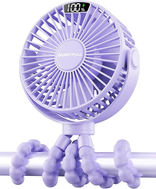 SWEETFULL Portable Stroller Fan with Display 4000mAh Battery Powered Mini Clip On Fan, 4-Speed Rechargeable Small Personal Cooling for Baby Car Seat Crib Travel - Purple