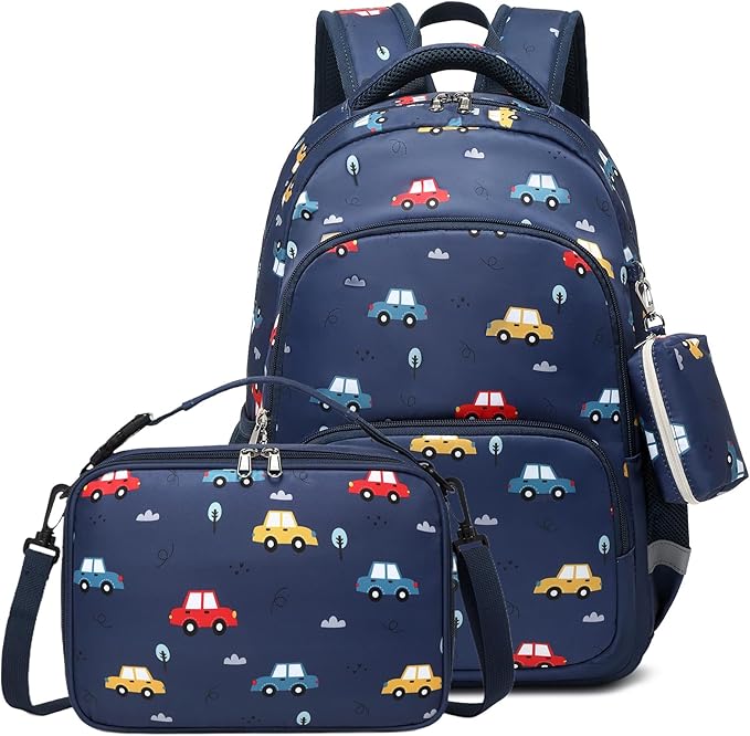 mygreen 3PCS Kids Backpack Set - Waterproof Bookbag with Lunch Box for Boys Ages 3-12, Adorable Cartoon Prints for School & Outdoor Use Dark Blue Cars