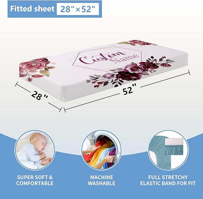 Personalized Crib Bedding Set for Girls, 5 Pcs Nursery Bedding Crib Sets, Soft Custom Flowers Baby Crib Set with Name, Double Layer Baby Bedding Set Customized Gifts for Infants Toddlers Kids