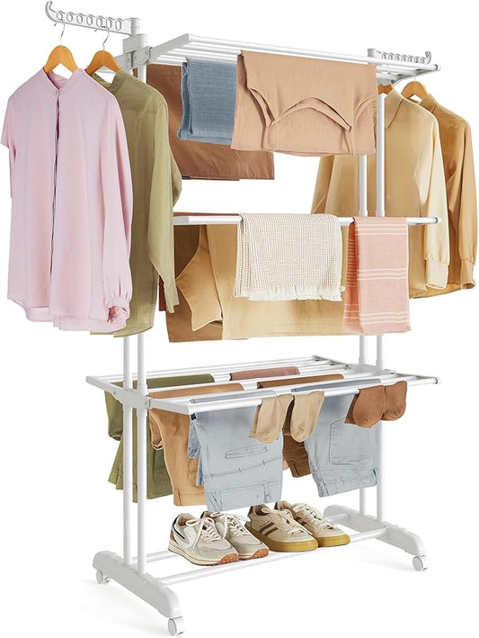 SONGMICS Clothes Drying Rack Stand 4-Tier, Foldable Laundry Drying Rack 68.1-Inch Tall, Stainless Steel, Rolling Clothes Horses Dryer Rack, Easy to Assemble, Indoor Outdoor Use, Cloud White ULLR701W03