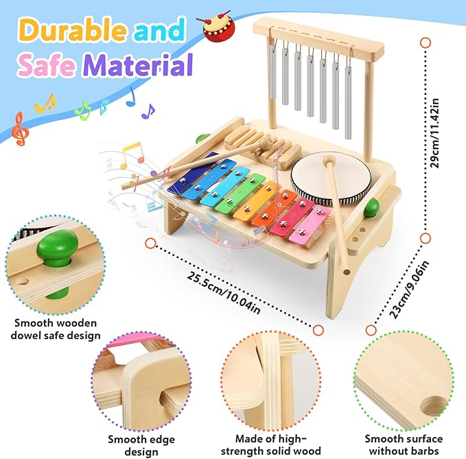 Kids Drum Set,Baby Musical Instrument for Toddler,Wooden Xylophone for Toddlers with Baby Drum Set and Wind Chime,Montessori Musical Instruments Toys for Kids,Musical Toys for Toddlers Birthday Gift
