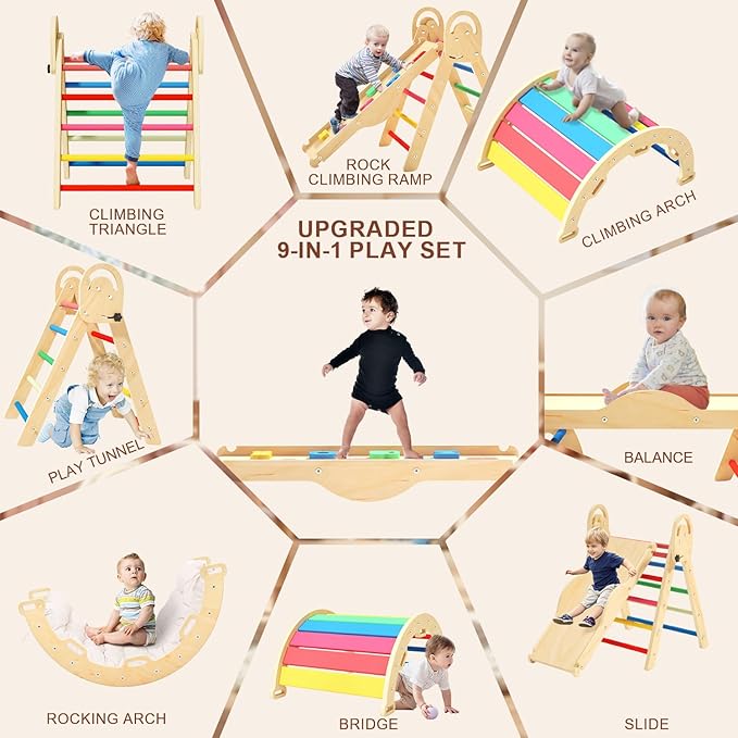 Pikler Triangle Set with Cushion, Montessori Climbing Set, Indoor Climb Toys, Indoor Playground Jungle Gyms, 9 Combinations Climbing Toy Set for Toddler, Baby, Kids 1-4