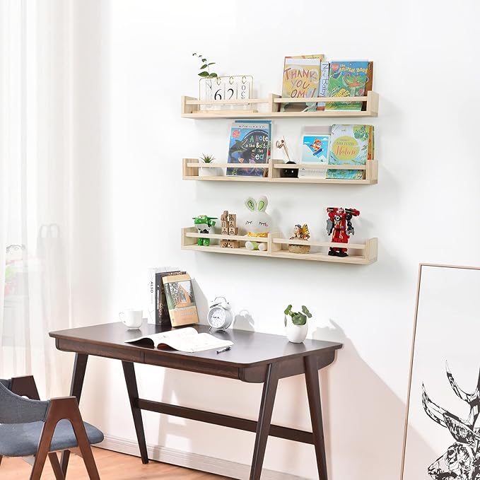 Nursery Bookshelves Wall Mounted，32inch，Set of 3, Wood Floating Wall Bookshelf for Kids,Natural Wood Color,Hanging Shelf for Baby Nursery Room Decor, Pine