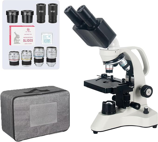 [Cost-Effective] Binocular Microscope, Vabiooth Lab Compound Binocular Microscope 40X-2500X Magnification with Two-Layer Mechanical Stage, Wide-Field 10X and 25X Eyepieces, Abbe Condenser, Metal Body
