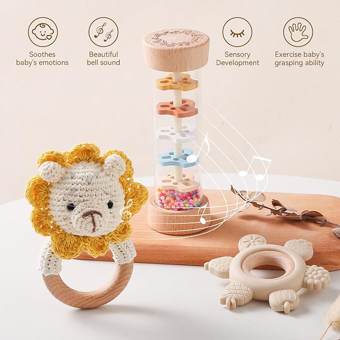 Youuys Wooden Baby Rattle Set (3pcs) - Crochet Rattle Rain Stick Teething Toys, Wooden Montessori Toy for Newborn Infant Baby Rattles Set Toys 3-6-12 Months(Lion)
