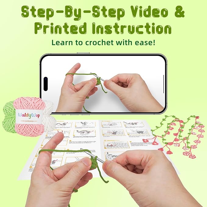 WaldyWop Crochet Kit for Beginners: 4 Flower Bracelets Knitting Kits for Adults Women w/Easy Yarn & Step-by-Step Video Tutorials - Wobbles Crochet Starter Kit for Kids Girls, Birthday Gift for Mom Kid