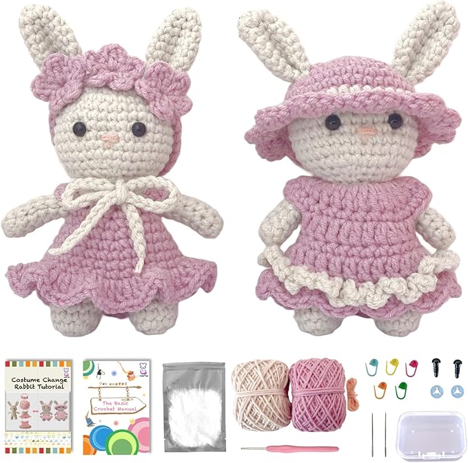 LoopMap Beginner Crochet Kit for Adults & Kids - DIY Amigurumi Bunny with Removable Dress & Accessories - Step-by-Step Video Tutorials, Extra Yarn, Crochet Tools - Handmade Gift (Bunny-Purple)