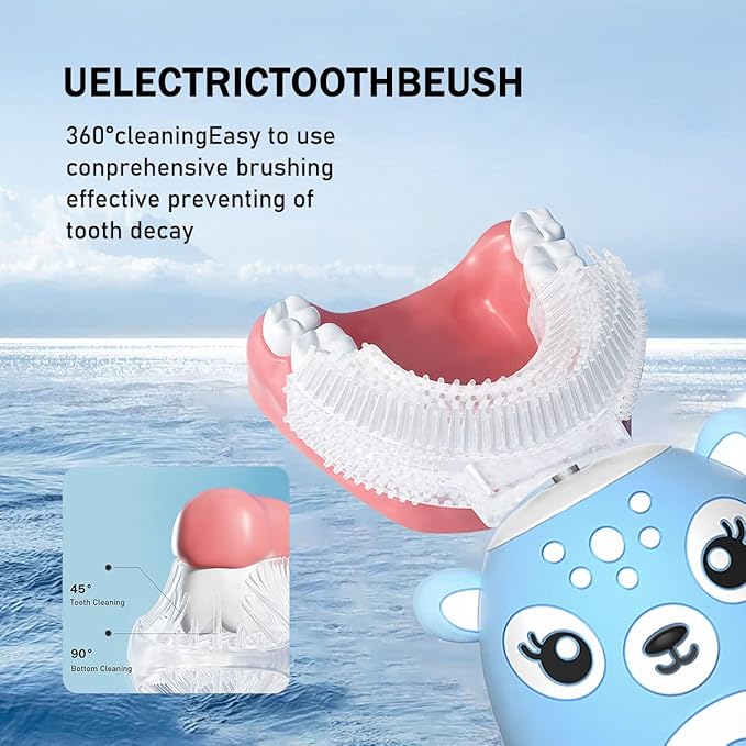 Kids Electric Toothbrushs U Shaped sonic Automatic Toothbrush with 4 Brush Heads, Six Cleaning Modes,Cartoon deer Modeling , full mouth toothbrush for baby