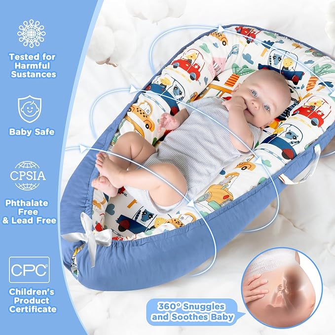 Baby Lounger - Baby Lounger for Newborn 0-24 Months, Breathable and Soft Cotton Cover Baby Nest, Portable Cozy Tummy Time Lounger for Home and Travel, Ideal Baby Essentials & Shower Gifts