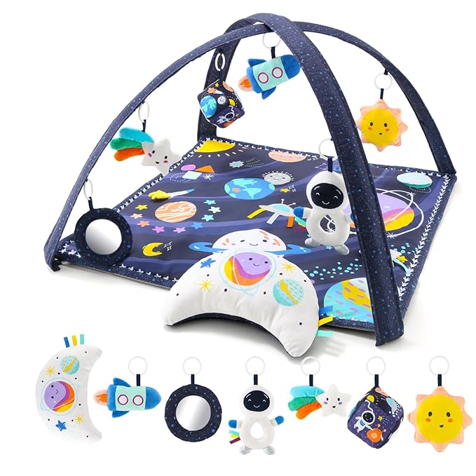 The Peanutshell Unisex Baby Play Gym & 7-in-1 Play Mat - Playmat Baby Toys 0-6, 6-12 Months Tummy Time Mat with Hanging Toys, Soft Padded Mat for Newborns, Infants - Space