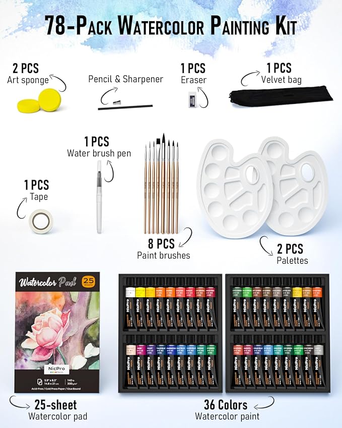 Nicpro 78PCS Watercolor Paint Set for Adults,Beginner & Artists, 36 Tubes Water Color Paint Set with 25 Watercolor Paper, 8 Squirrel Paint Brushes, Palettes, Color Wheel, Art Painting Supplies