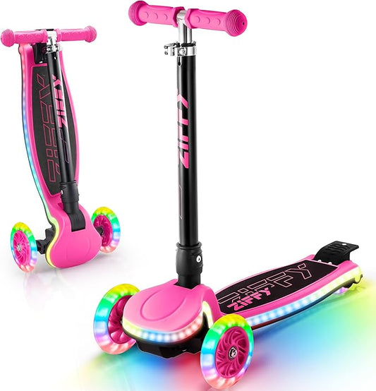 ZIFFY 3-Wheel Light-Up Kids Scooter, Kids Balance Scooter for Boys Girls with 20 Dynamic LED Lights, 4 Adjustable Height, Lean-to-Steer Design with Anti-Slip Wide Surface for Stability - Up to 110LBS