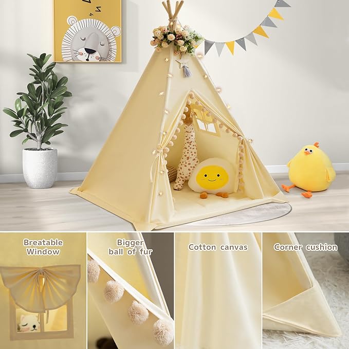 Teepee Tent for Kids with Padded Mat Cotton Canvas Kids Teepee with Pompom for Toddlers Indoor Play Tent for Girls Boys with Stars Lights, Carry Bag, Banner Flag (Cream)