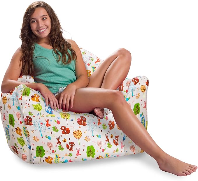 Posh Creations Structured Comfy Bean Bag Chair for Gaming, Reading, and Watching TV, Malibu Lounge, Canvas - Forest Critters on White