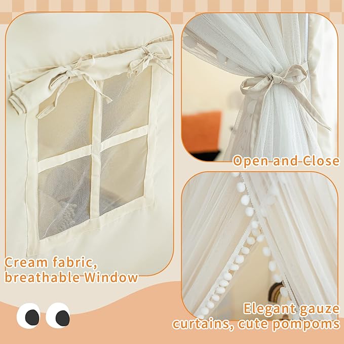 Kids Play Tent with Padded Mat, Kids Tents Large Princess Castle Pompoms Play House Indoor Playhouse Tent for Girl Bed Tents