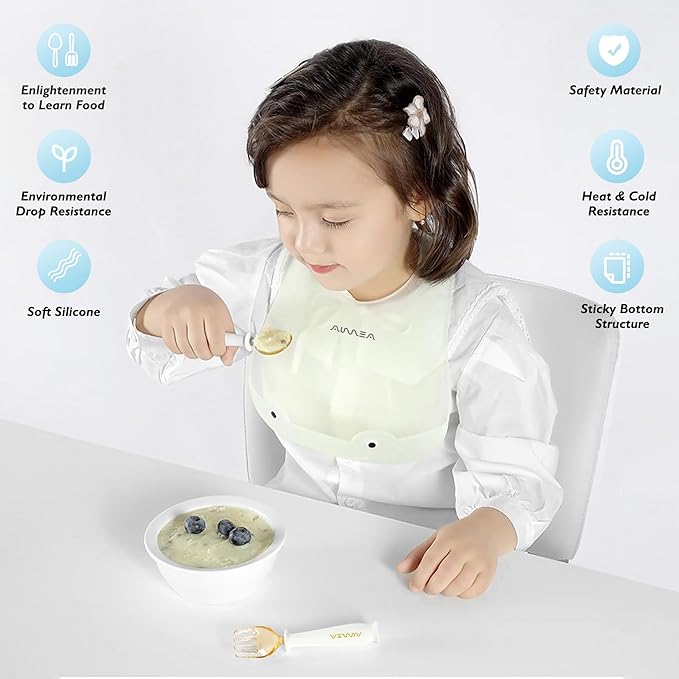 Toddler Forks and Spoons Set with travel case, Kids utensils for self-feeding bendable handle,Safe silicone Children Spoon and Fork,Toddler utensils,Silicone Grip and PPSU Head, Aged 6M+