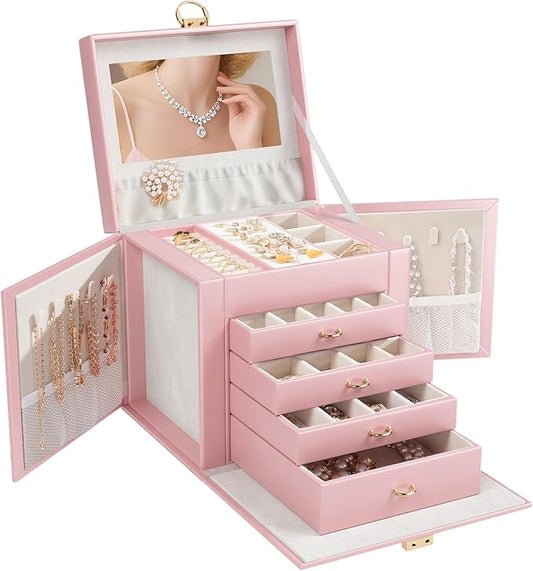 5-Layer Jewelry Box with 4 Drawers, Huge Portable Jewelry Organizer with Lock and Mirror for Women, for Necklace Ring Earring Bracelet Storage, Lockable Jewelry Case, Pink