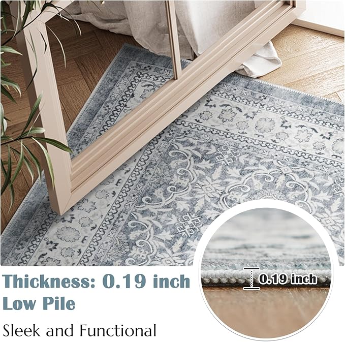 jinchan Floral Runner Rug 2x5 - Machine Washable Grey Vintage Distressed Design Soft Non-Slip Low-Pile Ultra-Thin Runner Rug for Kitchen Hallway Laundry Room Entryway Farmhouse (2‘x5',Grey)
