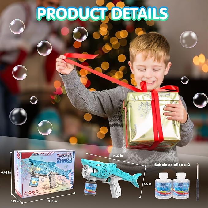 Automatic Bubble Machine Gun for Kids with 2 Bottles 5 Bags of Refill Solution Lights ElectricShark Bubble Gun Toys Outdoor Toys Gifts Wedding Easter Party Favor
