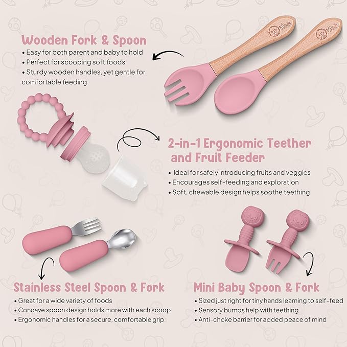 O'doe 17-Piece BPA-Free Silicone Baby Feeding Set | Thick & Soft Suction Plates, Baby Bowls, Wooden Fork & Spoon, and More | Make Mealtime Fun and Easy for Your Little One | Pink, V2