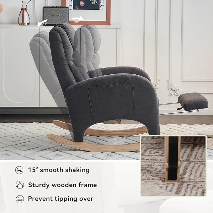 Rocking Chair Nursery, Modern Glider Chair with Adjustable Footrest and Solid Wood Legs, High Backrest Nursery Chair with Side Pocket, Rocker Armchair for Living Room Bedroom, Cotton Linen Dark Gray