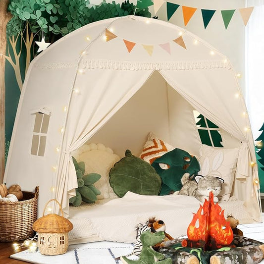Sumbababy Large Teepee Tent for Kids: with Star Lights & Flags - Tent for Kids Indoor Toddler Teepee for Boys & Girls - Toddler Playhouse Inside Canopy Bed for Playroom Gift Toys (Cream)
