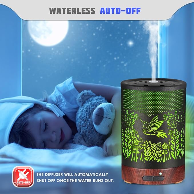 Metal Essential Oils Diffuser 150ML Aromatherapy Diffuser Cool Mist Humidifier with 7 Colors Lights Waterless Auto Off Air Diffusers as Gifts for Moms Women Girls (D-Hummingbird)