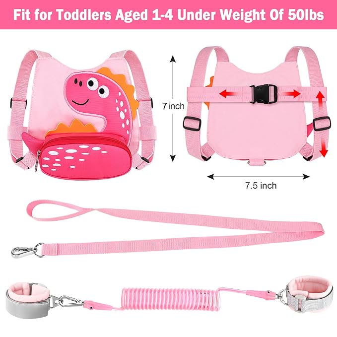 Toddler Leash Harness + Anti Lost Wrist Link, Accmor Cute Dinosaur Kids Harnesses with Leashes,3 in 1 Baby Walking Wristband Child Outdoor Anti-lsot Tether Rope Reins for Chidren Girls (Pink)