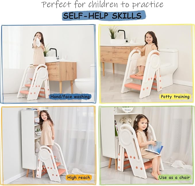 Pink 3 Step Stool for Toddlers Girls, Foldable 2 Step Stool for Kids Bathroom Sink Toilet Potty, Collapsible Heavy Duty Child Learning Kitchen Tower with Rails for Counter Bed Bedroom