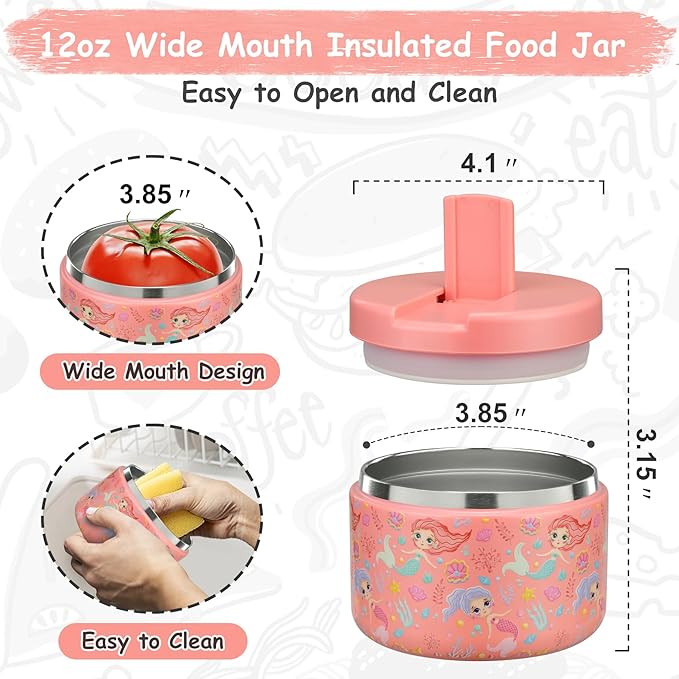 12oz Insulated Vacuum Food Jar with Buckle Lid Wide Mouth Soup Thermo for Hot Food Kids Leakproof Stainless Steel Lunch Container (mermaid)