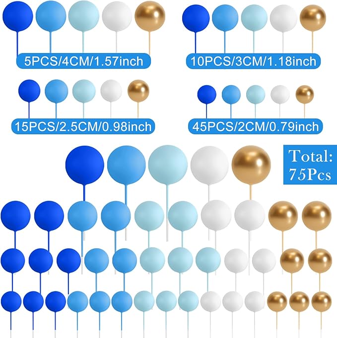 75 Pieces Cake Balls Topper Decorations Foam Cupcake Topper Mini Balloon Cake Topper Balls Cake Picks for Cake Deco Birthday Party Wedding（Blue Gold White Series）