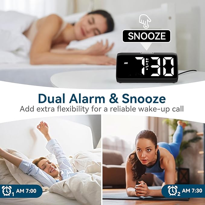 Netzu Digital Alarm Clocks for Bedrooms, Loud Alarm Clock with Dual Alarms, Bold Digits, 5 Dimmers, 4 Volumes, Snooze, Bedside Clock for Deep Sleepers Kids Teens Seniors, Plug in Clock, Easy to Set
