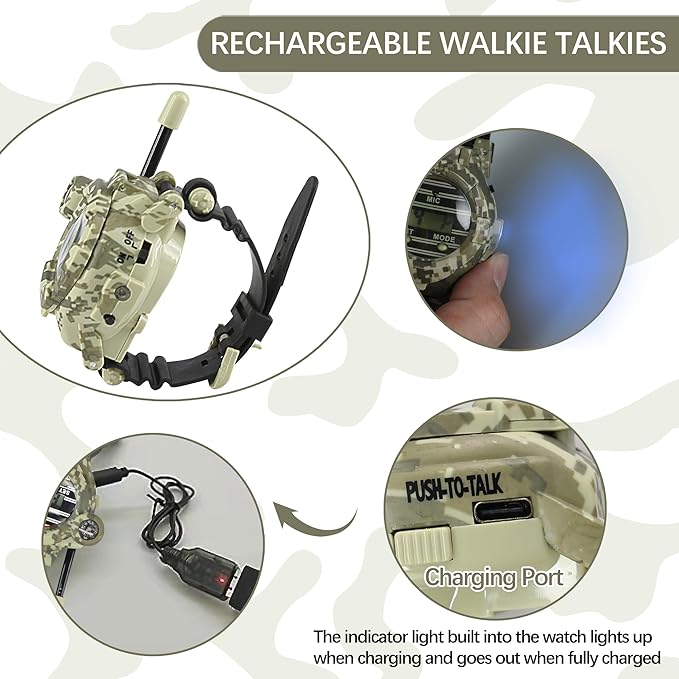 Walkie Talkies for Kids Rechargeable, Spy Watch Army Toys, 7 in 1 Walkie Talkie Watches with Flashlight, Two-Way Radios Long Range Interphone Toy Gifts for Boys Girls fit Outdoor Game Camping