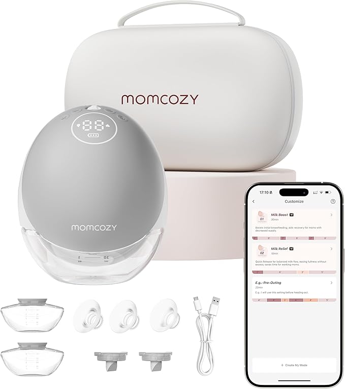 Momcozy Breast Pump Hands Free Upgraded Mobile Flow | M9, App Discreet Control with Personalized Multi-Modes & 15 Levels, Wearable Breast Pump 24mm, 1 Pack Gray