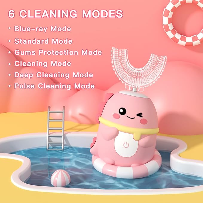 Kids Electric Toothbrush U Shaped Toddler Auto Sonic Toothbrushes with 5 Brush Head,Cartoon Dinosaur Ultrasonic Toothbrushes for Children 2-12 Years,360° Full Mouth Cleaning Automatic