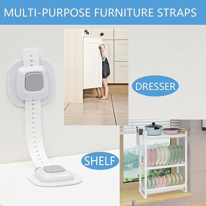 YEYA No Drill Anti Tip Furniture Adjustable Straps Wall Anchors for Baby Proofing with 3M Adhesive (Upgraded 4P)
