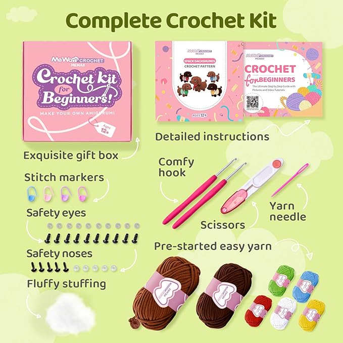 Mewaii Crochet Kit for Beginners – 5 Easy Dachshund Dog Crochet Kits with Step-by-Step Video Tutorials, Pre-Started Yarn, 40% Extra Yarn, Beginner Crochet Kit for Adults & Kids