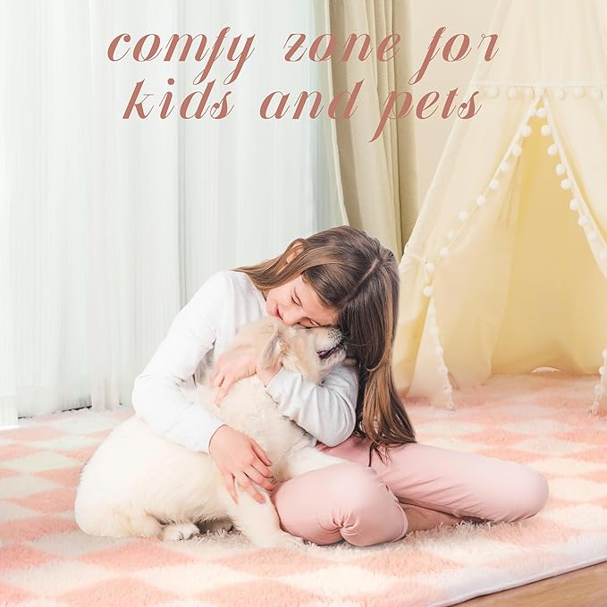 Super Soft Rug for Bedroom, 5x7 Ft Pink and White Area Rug Classic Checkered Shaggy Anti-Skid High Pile Soft Fluffy Rug Fuzzy Carpet for Living Room Bedroom Kids Room Nursery, Dorm Home Decor