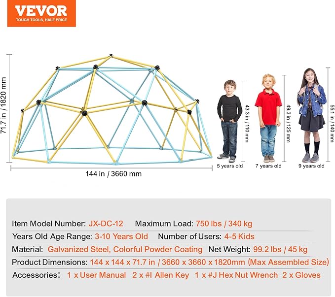 VEVOR Climbing Dome, 12FT Geometric Dome Climber Play Center for Kids 3 to 10 Years Old, Jungle Gym Supports 750LBS and Easy Assembly, with Climbing Grip, Outdoor Backyard Play Equipment for Kids