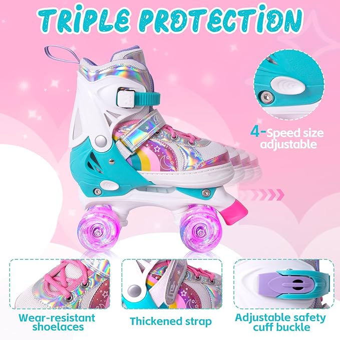 Rainbow Toddler Roller Skates - Size 4 Adjustable | Light Up Quad Skates for Girls & Boys Beginners Aged 3-12