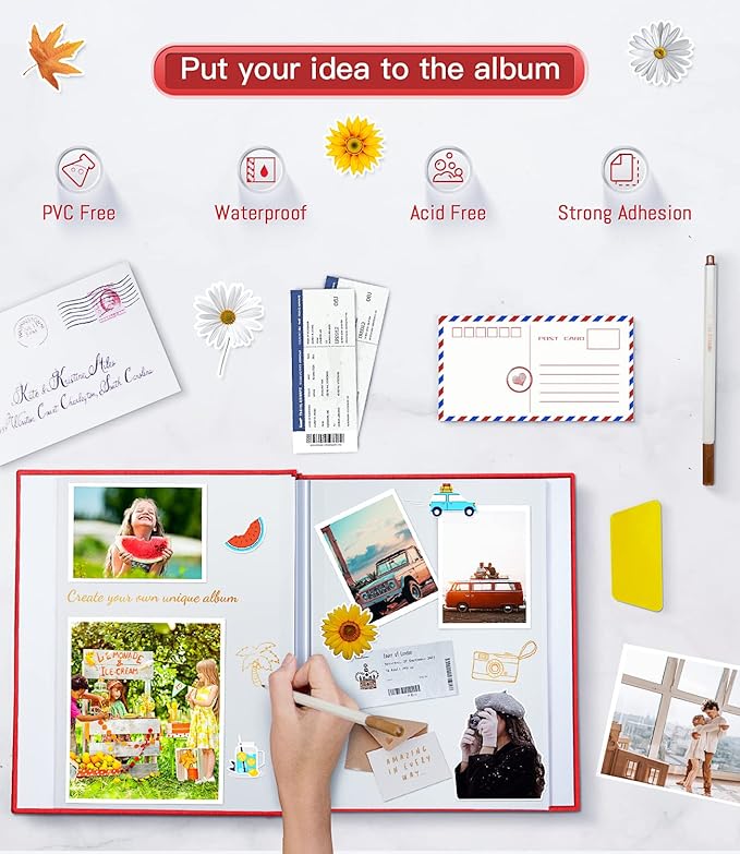 popotop Photo Album Self Adhesive with Picture Display Window,40 Pages DIY Scrapbooking Supplies Kit for 4x6 8x10 Picture,Linen Cover Memory Book for Baby Wedding, with Scraper and Metallic Pen