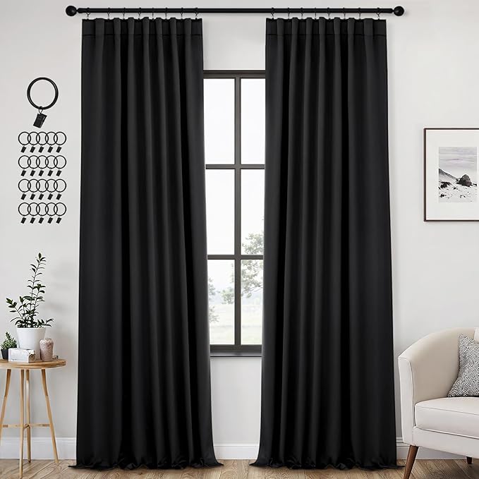 ANRODUO Back Tab Blackout Curtains for Bedroom Living Room, Rod Pocket Pinch Pleated Thermal Insulated Room Darkening Curtains 94 Inches Long 2 Panels, Black, 42 x 94 Inch